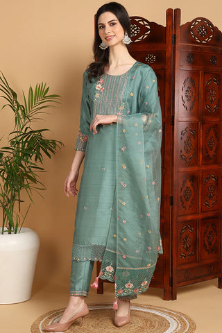 Teal Green Silk Blend Floral Yoke Design Straight Shape Suit Set with Dupatta