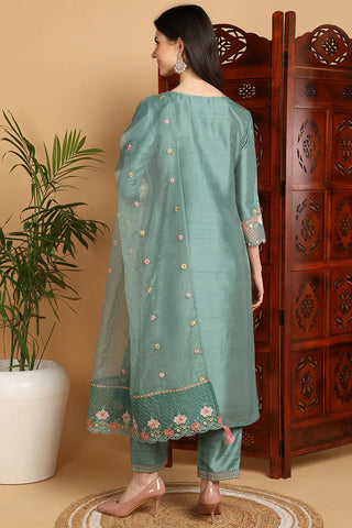 Teal Green Silk Blend Floral Yoke Design Straight Shape Suit Set with Dupatta