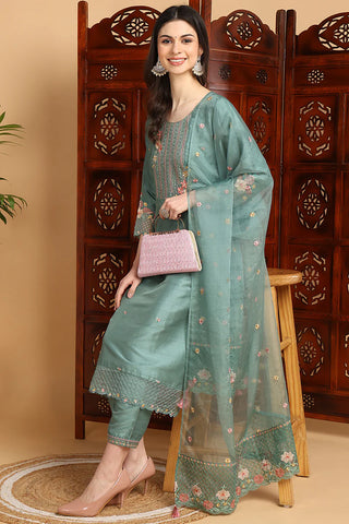 Teal Green Silk Blend Floral Yoke Design Straight Shape Suit Set with Dupatta