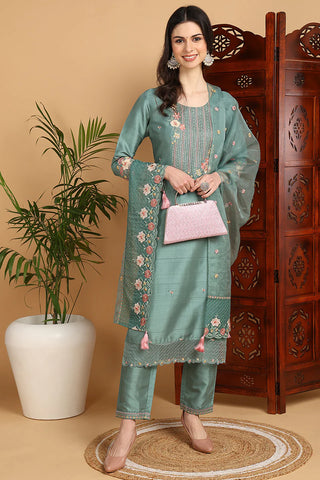 Teal Green Silk Blend Floral Yoke Design Straight Shape Suit Set with Dupatta