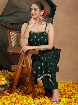 Dark Green Rayon Embellished Foil Print Suit Set with Chiffon Dupatta