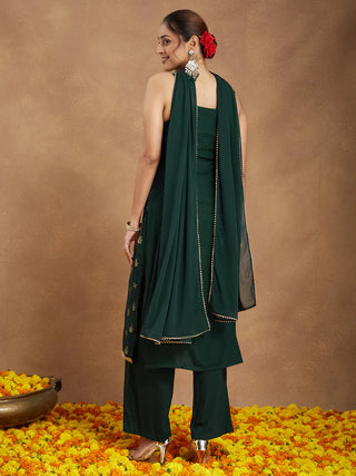 Dark Green Rayon Embellished Foil Print Suit Set with Chiffon Dupatta