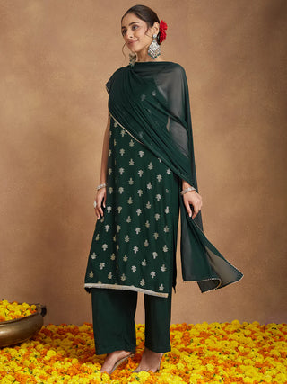 Dark Green Rayon Embellished Foil Print Suit Set with Chiffon Dupatta