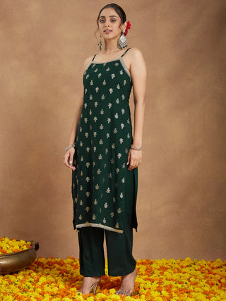 Dark Green Rayon Embellished Foil Print Suit Set with Chiffon Dupatta