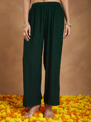 Dark Green Rayon Embellished Foil Print Suit Set with Chiffon Dupatta