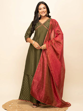 Green Silk Blend Foil Print Suit Set with Organza Dupatta