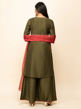 Green Silk Blend Foil Print Suit Set with Organza Dupatta