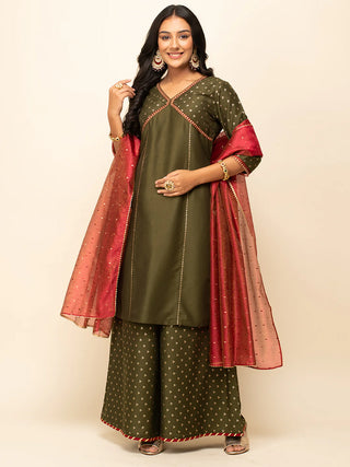 Green Silk Blend Foil Print Suit Set with Organza Dupatta