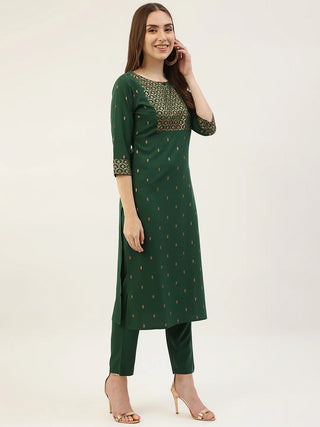 Green Poly Crepe Gold Foil Print Suit Set with Georgette Dupatta