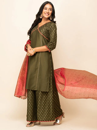 Green Silk Blend Foil Print Suit Set with Organza Dupatta