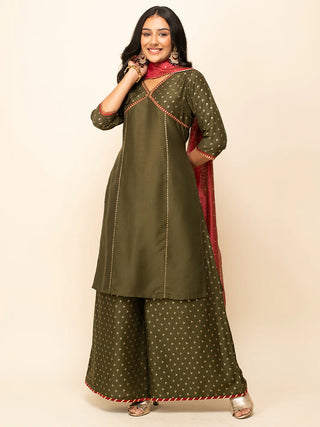 Green Silk Blend Foil Print Suit Set with Organza Dupatta