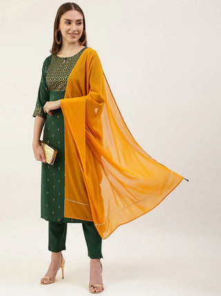 Green Poly Crepe Gold Foil Print Suit Set with Georgette Dupatta