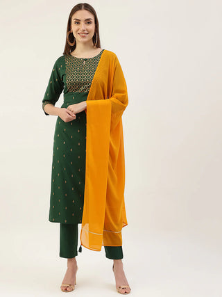 Green Poly Crepe Gold Foil Print Suit Set with Georgette Dupatta