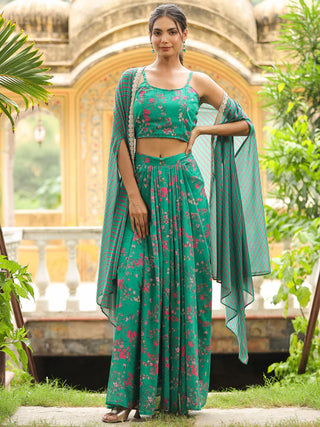 Green Georgette Floral Print Pleated Skirt with Top & Cape