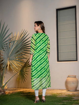 Green Poly Georgette Leheriya Print with Cotton Lining & Embroidery Detailing A Line Kurta