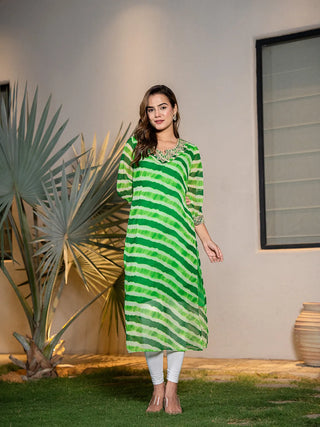 Green Poly Georgette Leheriya Print with Cotton Lining & Embroidery Detailing A Line Kurta