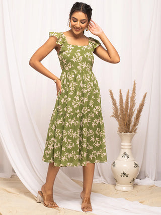 Cotton Green Floral Print Dress