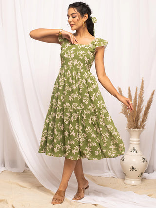 Cotton Green Floral Print Dress