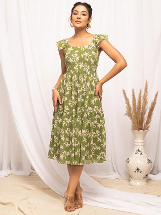 Cotton Green Floral Print Dress