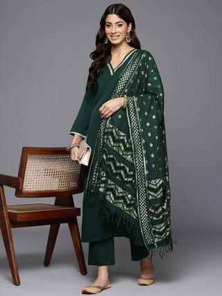 Green Liva Solid A Line Suit Set with Heavy Dupatta