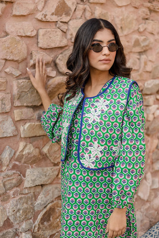 Green Kurta Set With Embroidered Quilted Jacket