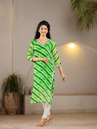 Green Poly Georgette Striped Leheriya Print A Line Kurta