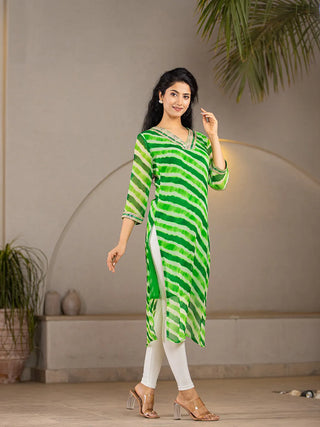 Green Poly Georgette Striped Leheriya Print A Line Kurta