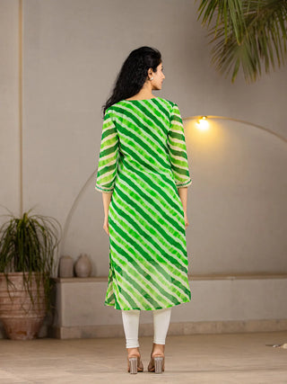 Green Poly Georgette Striped Leheriya Print A Line Kurta