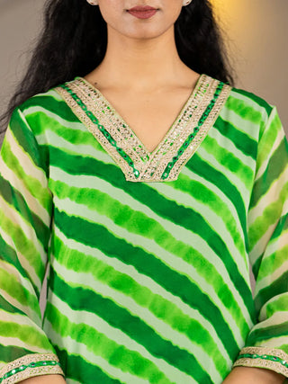 Green Poly Georgette Striped Leheriya Print A Line Kurta