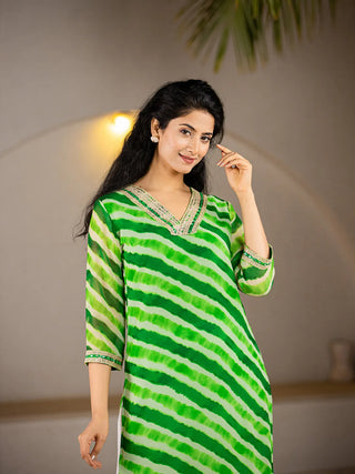 Green Poly Georgette Striped Leheriya Print A Line Kurta