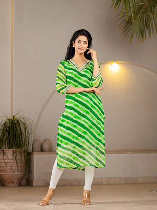 Green Poly Georgette Striped Leheriya Print A Line Kurta