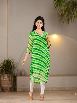 Green Poly Georgette Striped Leheriya Print A Line Kurta