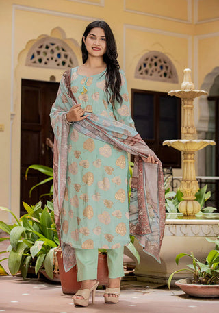 Green Modal Silk Ethnic Print Suit Set with Dupatta