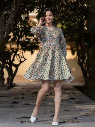 Green & White Cotton Paisley Print Empire Dress