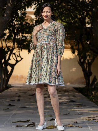 Green & White Cotton Paisley Print Empire Dress