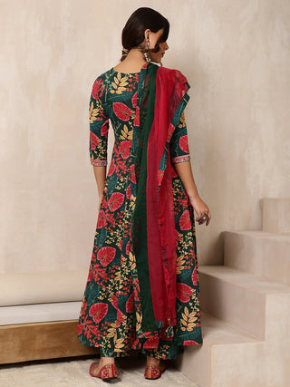 Green & Pink Pure Cotton Floral Print Anarkali Shape Suit Set with Dupatta