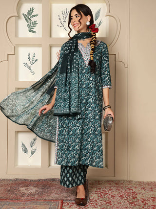 Green Cotton Printed & Embroidered Suit Set with Dupatta
