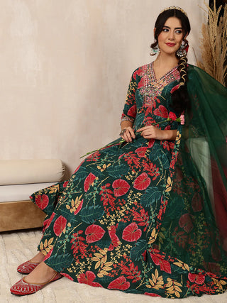 Green & Pink Pure Cotton Floral Print Anarkali Shape Suit Set with Dupatta