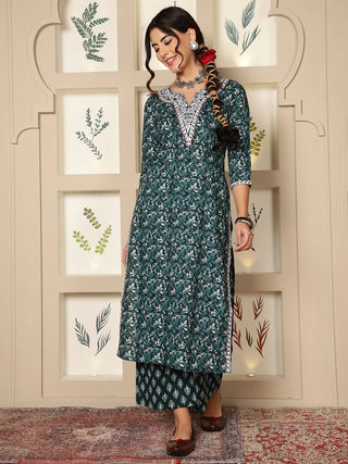 Green Cotton Printed & Embroidered Suit Set with Dupatta