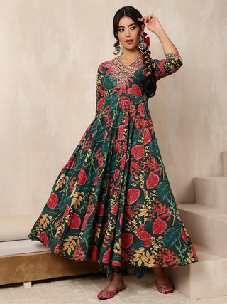 Green & Pink Pure Cotton Floral Print Anarkali Shape Suit Set with Dupatta