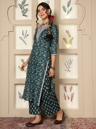 Green Cotton Printed & Embroidered Suit Set with Dupatta