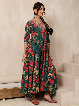 Green & Pink Pure Cotton Floral Print Anarkali Shape Suit Set with Dupatta