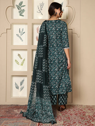 Green Cotton Printed & Embroidered Suit Set with Dupatta