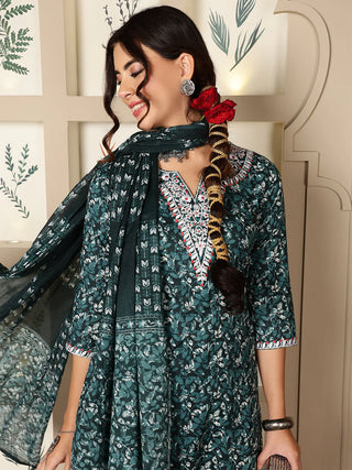 Green Cotton Printed & Embroidered Suit Set with Dupatta