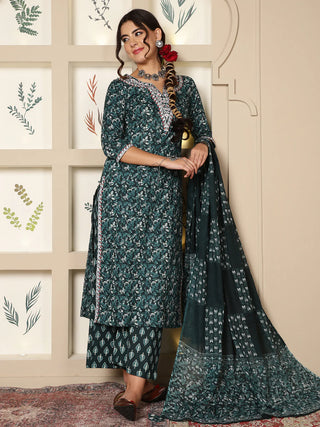 Green Cotton Printed & Embroidered Suit Set with Dupatta