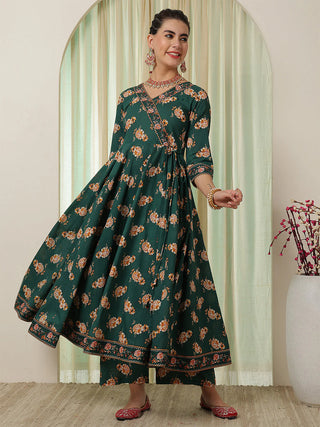 Green Pure Cotton Floral Print Anarkali Suit Set with Dupatta