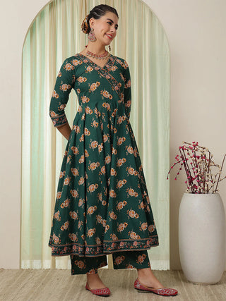 Green Pure Cotton Floral Print Anarkali Suit Set with Dupatta