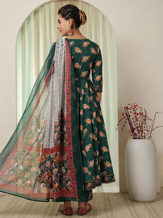 Green Pure Cotton Floral Print Anarkali Suit Set with Dupatta