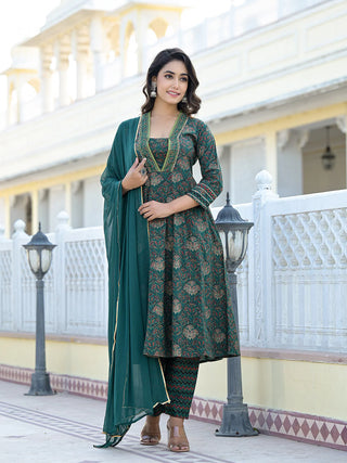 Green Cotton Floral Print & Gota Patti Detailing A Line Suit Set with Dupatta