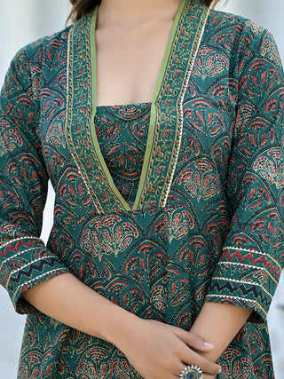 Green Cotton Floral Print & Gota Patti Detailing A Line Suit Set with Dupatta